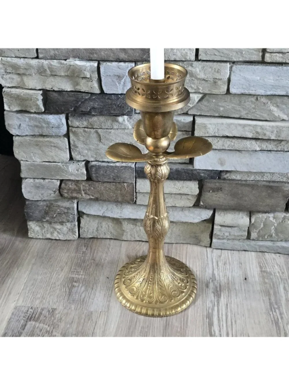 Ornate Heavy Tall Brass Candlestick Taper Candle Holder Leaves Lilly Pad 17